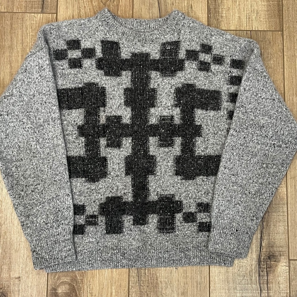 Made in Italy Wool Mohair Silk Geometric Intarsia Knit Sweater Grey Kids